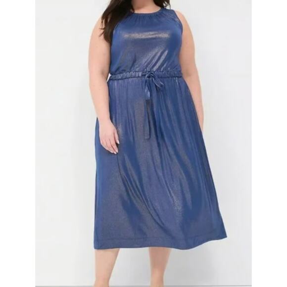Lane Bryant Sleeveless Knit Midi Dress Plus Size 22/24 Blue Gold Metallic - Picture 2 of 11